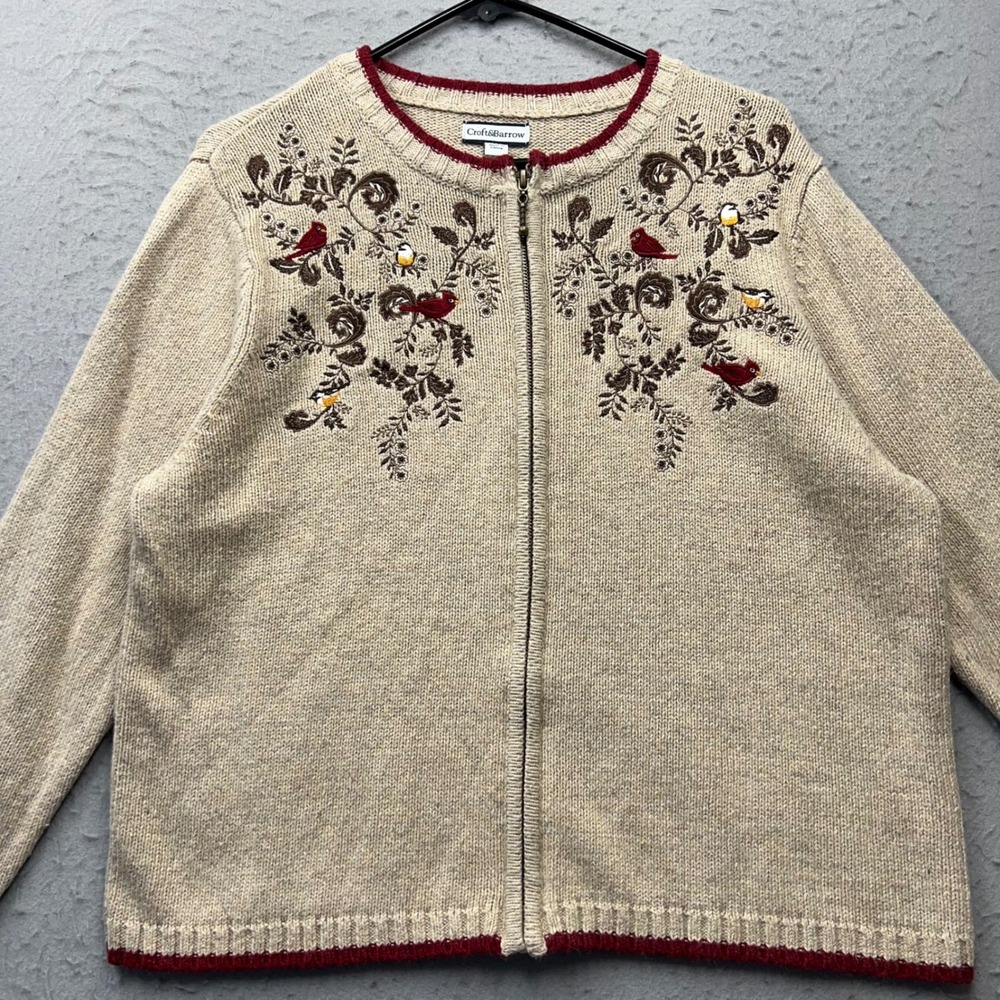 Croft & Barrow Women Petite Large Cardigan Full Zip Bird Embroidered Silk Blend